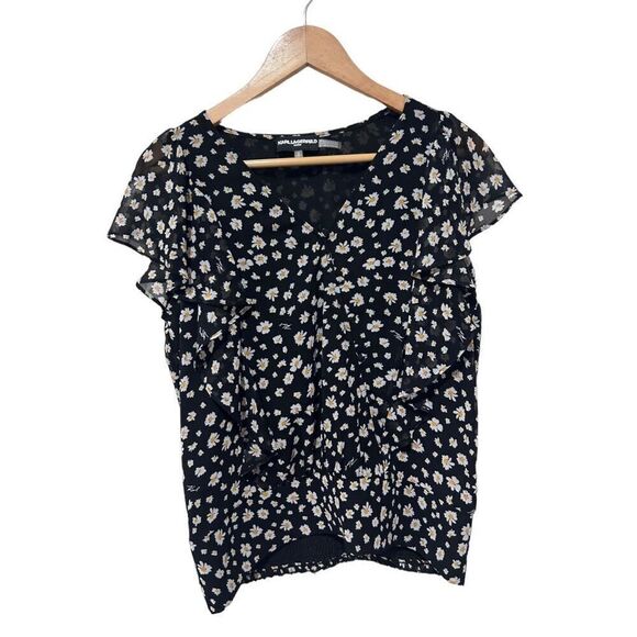 Karl Lagerfeld Paris Flutter Sleeve Floral Side Ruffle Top Black Medium NWOT - Picture 1 of 10